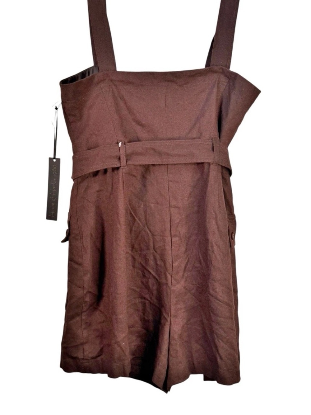 NWT House of Harlow Chocolate Brown Linen Blend Belted Utility Romper Shorts Sz6 - Picture 2 of 5